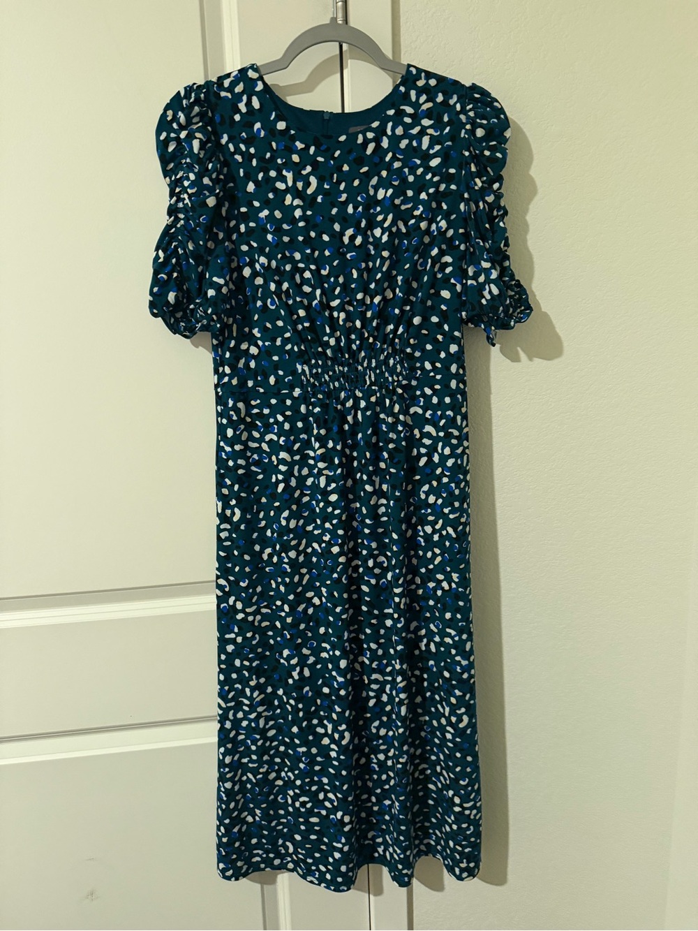 Vince Camuto Teal Printed Puff-Sleeve Midi Dress